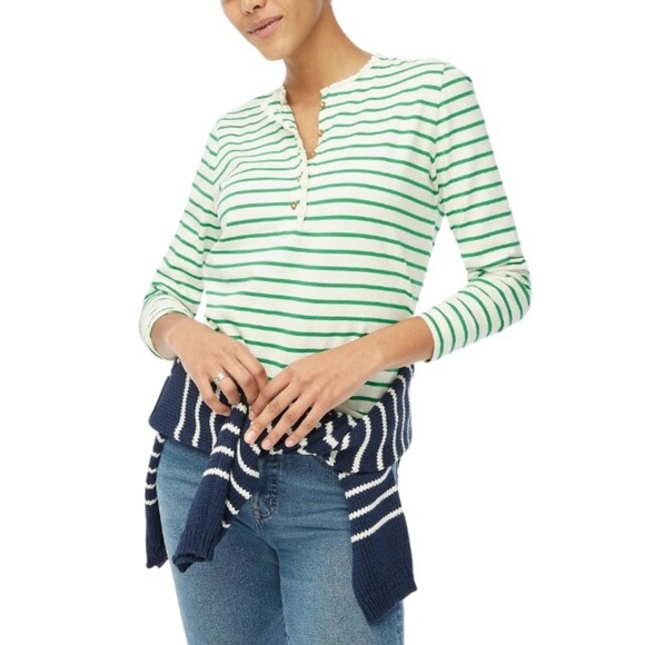 J. Crew Striped ruffle collar henley green white size M - Picture 1 of 9
